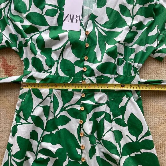 NWT ZARA Women's Belted Green & White Leaves Printed Long Midi Dress, Medium - Picture 10 of 13